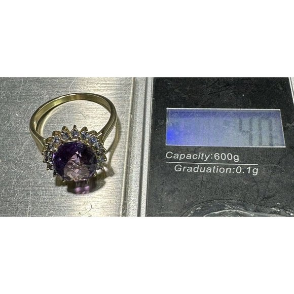 10k FP Ring Yellow Gold Oval Cut Amethyst Blue Topaz Halo Band Size 10 Signed - Picture 9 of 9